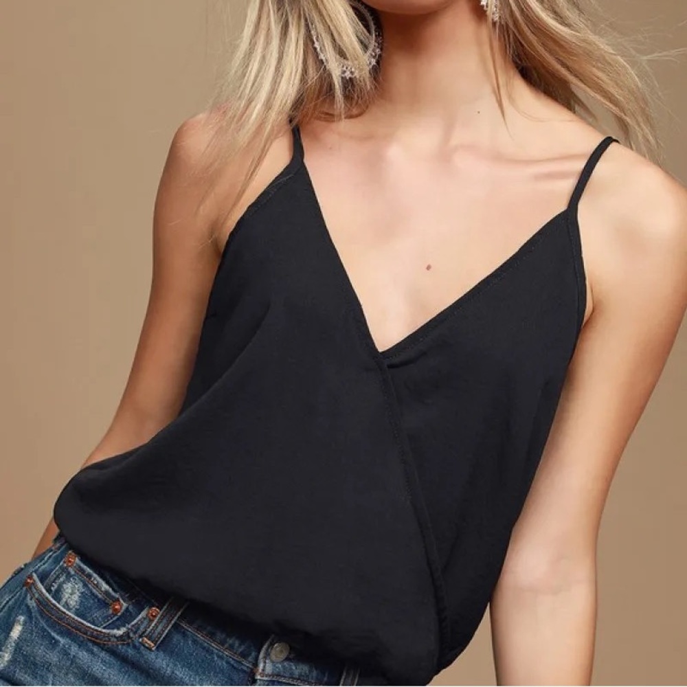 Lulus Brandee Black Satin Surplice Tank Top Size Small 803842